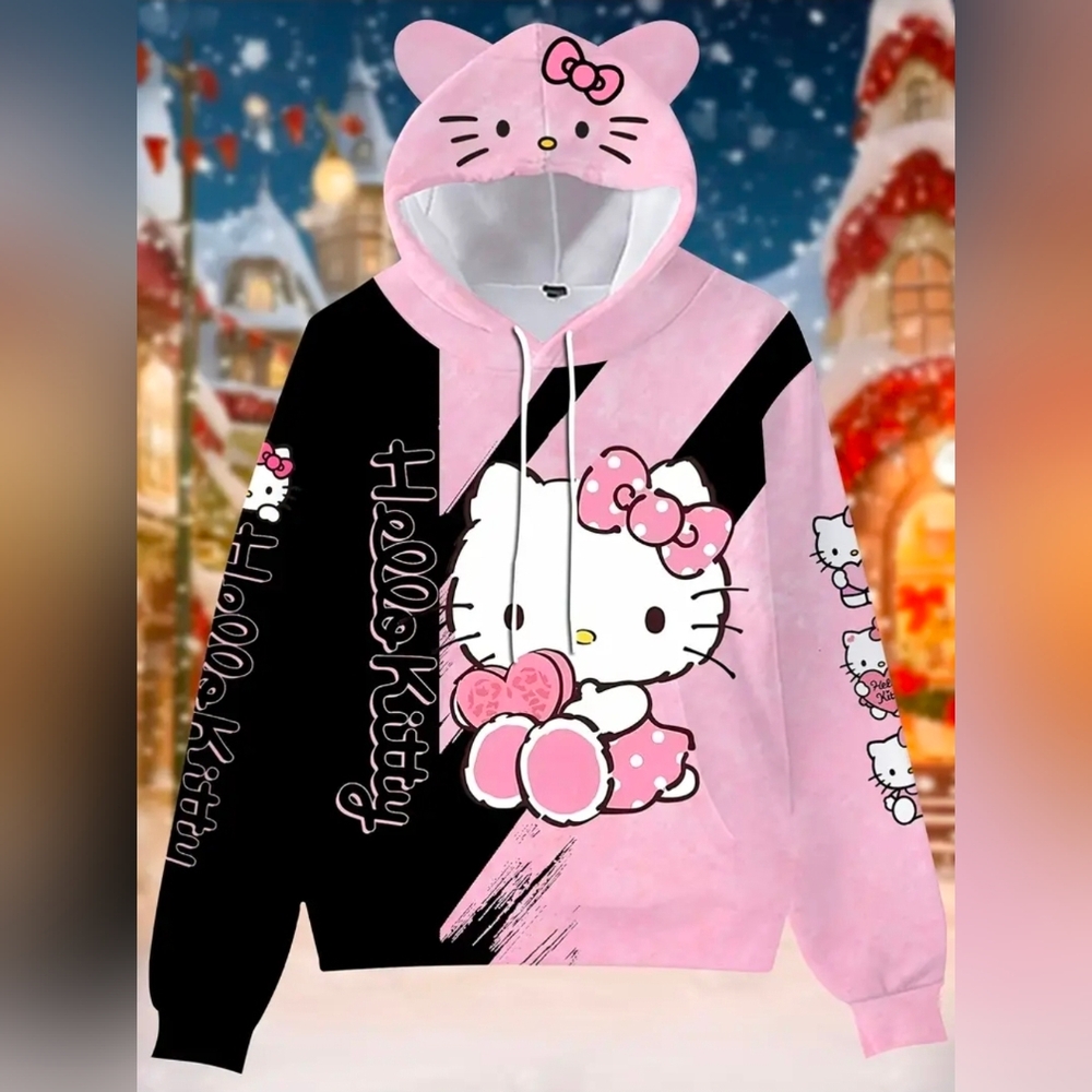 (Unisex) Hello Kitty Pink and Black Mens Hoodie.can Fit Womens Large